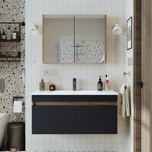 Lavabolu Atlantik - Antrasit Mat Mdf 100 cm Dolap + Aynalı Üst Dolabı