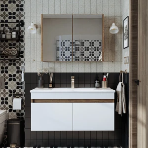 '' Lavabolu '' Atlantik-Beyaz Mat Mdf 100 cm Banyo Alt Dolap + Aynalı Üst Dolap