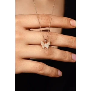 Roza Silver Zirkon Taşlı Rose Kabartmalı Kelebek Gümüş Kolye