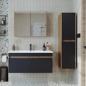 Lavabolu Atlantik - Antrasit Mat Mdf 100 cm Alt Dolap + Aynalı Üst Dolap + Boy Dolap