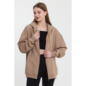 Vizon Kanguru Cepli Kapüşonlu Fermuarlı İçi Pamuklu Kadın Hırka