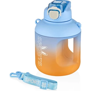 1100 ml Çift Renk Pipetli Taşıma Askılı ve Kulplu Motivasyon Su Matarası Sticker Hediyeli VGN2302-AÇIK Mavi