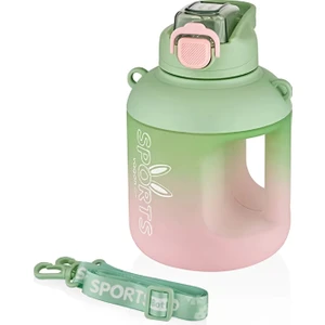 1100 ml Çift Renk Pipetli Taşıma Askılı ve Kulplu Motivasyon Su Matarası Sticker Hediyeli VGN2302-YEŞİL