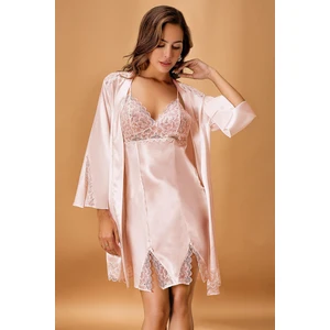 5325 Kadın Saten  Ip Askılı Gecelik Sabahlık Takım-Pudra
