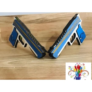 Para Lastiği Atan Otomatik Oyuncak Ahşap Tabanca Sağlam ve Zararsız Çocuk Oyuncağı Mavi 1 Adet