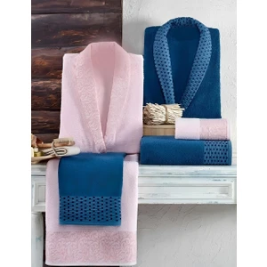 Taç Kristal Dream Jakarlı Bornoz Set Indigo Pudra