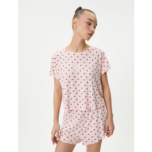 Şortlu Pijama Takımı Çilek Baskılı Kısa Kollu Bisiklet Yaka Viskon