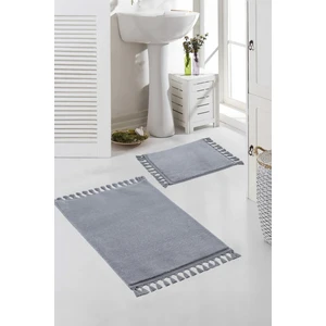 Valery Home Yıkanabilir Premium Ponpon Saçaklı Kaymaz Taban Post Peluş Banyo Paspası 2'Li Takım Gri