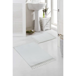 Valery Home Yıkanabilir Premium Ponpon Saçaklı Kaymaz Taban Post Peluş Banyo Paspası 2'Li Takım Beyaz