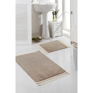 Valery Home Yıkanabilir Premium Ponpon Saçaklı Kaymaz Taban Post Peluş Banyo Paspası 2'Li Takım Kahve