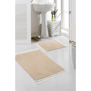 Valery Home Yıkanabilir Premium Ponpon Saçaklı Kaymaz Taban Post Peluş Banyo Paspası 2'Li Takım Vizon