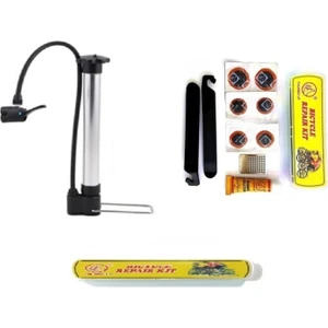 Bisiklet Kısa Alüminyum Pompa 32 cm + Lastik Tamir Mini Yama Seti Levyeli