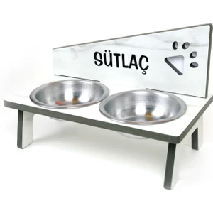Suya Dayanıklı Ahşap Çelik Kaseli, Özel isim Baskılı Kedi-Köpek Mama Kabı Stantı Beyaz-2*350ml.
