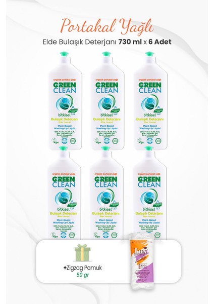 Green Clean Elde Bulaşık Deterjanı 730 ml x 6 Adet ve Zigzag Pamuk 50 gr