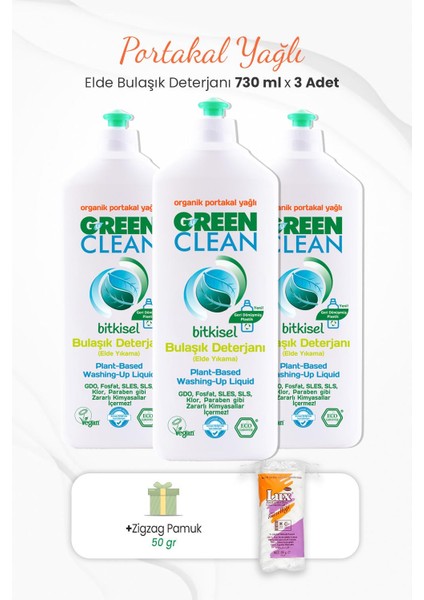 U Green Clean Green Clean Elde Bulaşık Deterjanı 730 ml x 3 Adet ve Zigzag Pamuk 50 gr