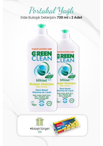 U Green Clean Green Clean 2'li Elde Bulaşık Deterjanı Portakal Yağlı 730 ml ve Bulaşık Süngeri