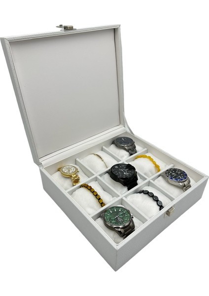9'lu Kapalı Beyaz Deri Saat Kutusu