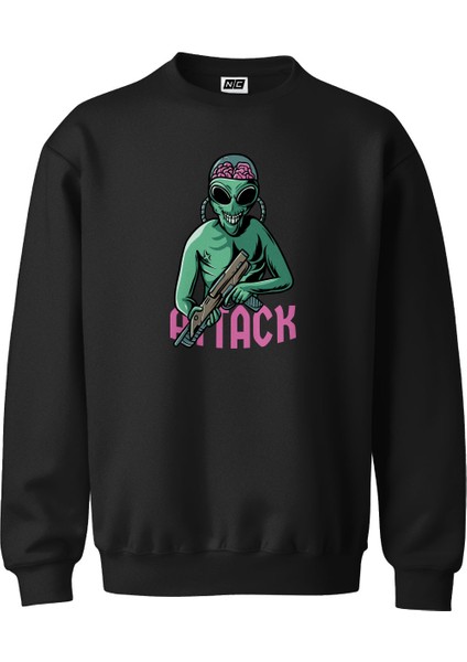 Allien Attack Tasarım Dijital Baskılı 3 Iplik Şardonlu Unisex Kapüşonsuz Bisiklet Yaka Sweat