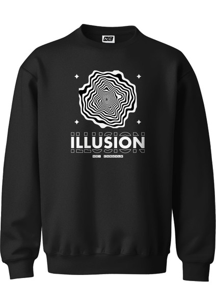 Illusion Tasarım Dijital Baskılı 3 Iplik Şardonlu Unisex Kapüşonsuz Bisiklet Yaka Sweat