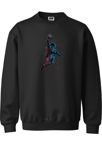 Astronout Tasarım Dijital Baskılı 3 Iplik Şardonlu Unisex Kapüşonsuz Bisiklet Yaka Sweat