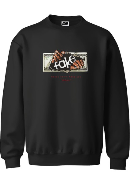 Fake Real Tasarım Dijital Baskılı 3 Iplik Şardonlu Unisex Kapüşonsuz Bisiklet Yaka Sweat