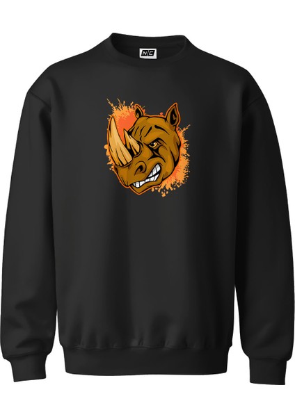Gergedan Tasarım Dijital Baskılı 3 Iplik Şardonlu Unisex Kapüşonsuz Bisiklet Yaka Sweat