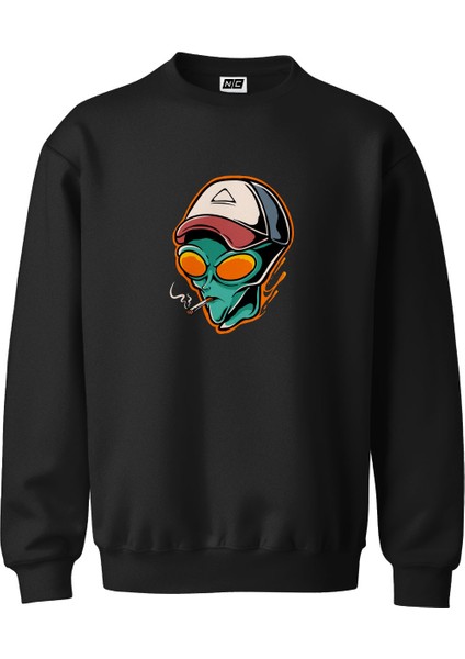 Allien Cigarette Tasarım Dijital Baskılı 3 Iplik Şardonlu Unisex Kapüşonsuz Bisiklet Yaka Sweat
