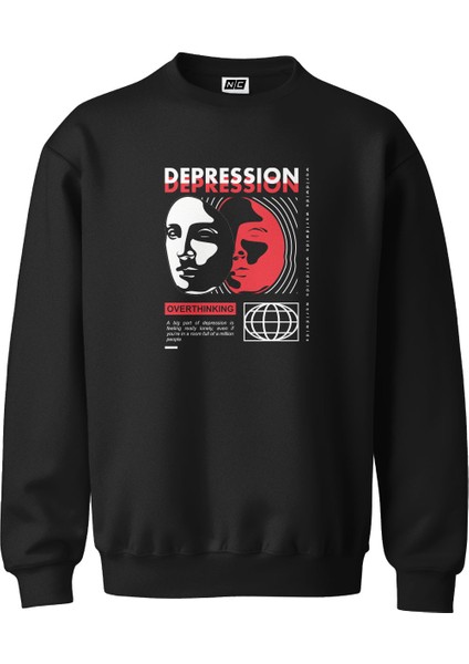 Depression Tasarım Dijital Baskılı 3 Iplik Şardonlu Unisex Kapüşonsuz Bisiklet Yaka Sweat