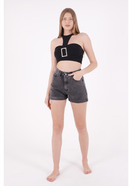 Paçaları Çift Katlı Cepli ve Astarsız Mom Fit Kadın Kısa Kot Şort Kar Antrasit Denim