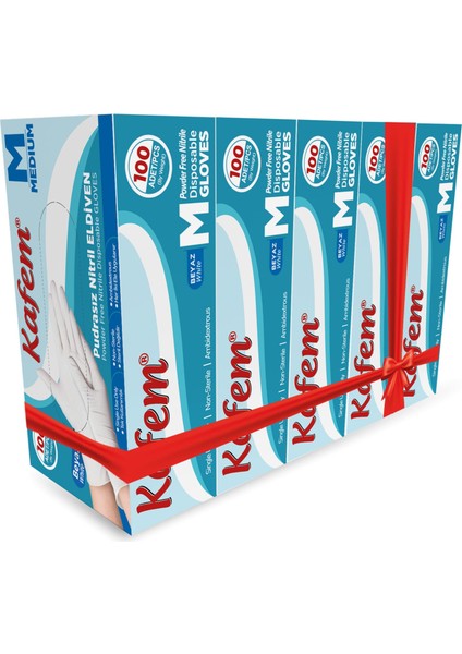 Beyaz Nitril Eldiven Pudrasız M 100'lü x 5 Paket