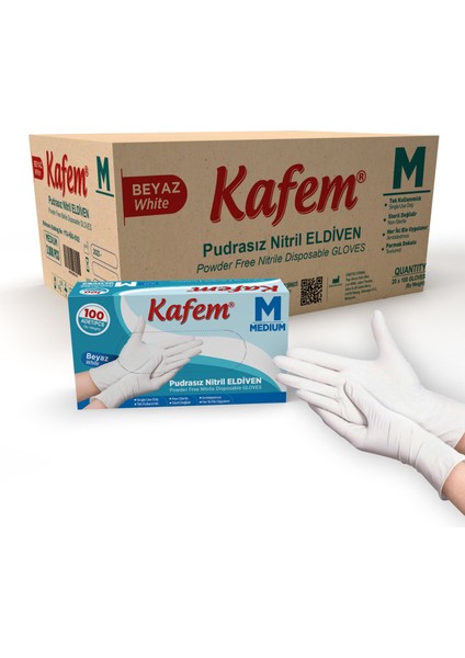 Beyaz Nitril Eldiven Pudrasız M 100'lü x 20 Paket Koli