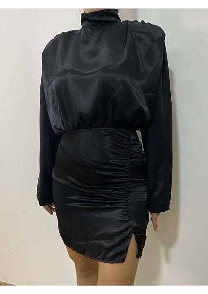 Siyah Saten Mini Elbise
