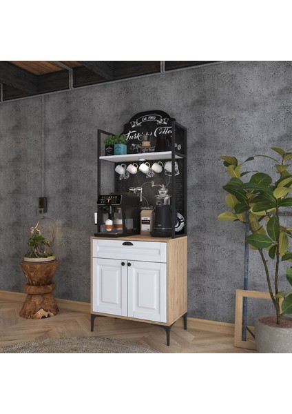 JE158 Işıklı Kahve Köşesi Membran Kapaklı Çekmeceli Çok Amaçlı Mutfak Dolabı Sepet Ceviz - Beyaz