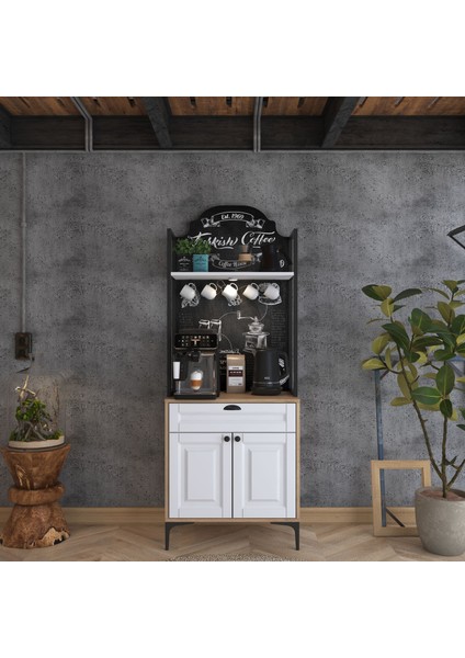 JE158 Işıklı Kahve Köşesi Membran Kapaklı Çekmeceli Çok Amaçlı Mutfak Dolabı Sepet Ceviz - Beyaz modelleri