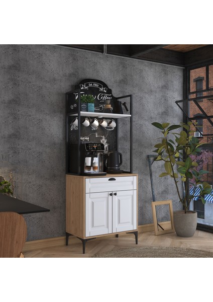 JE158 Işıklı Kahve Köşesi Membran Kapaklı Çekmeceli Çok Amaçlı Mutfak Dolabı Sepet Ceviz - Beyaz fırsatları