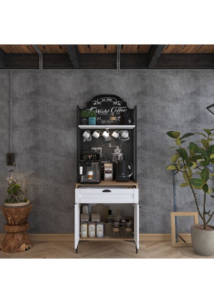 JE158 Işıklı Kahve Köşesi Membran Kapaklı Çekmeceli Çok Amaçlı Mutfak Dolabı Sepet Ceviz - Beyaz indirimleri