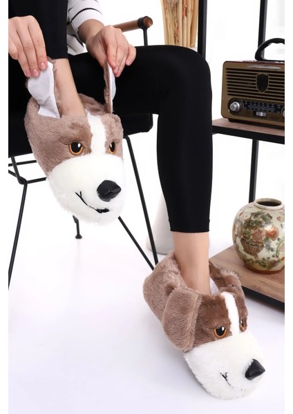 Köpek Figürlü Peluş Yumuşacık Kaymaz ve Ses Yapmaz Tabanlı Siyah Kışlık Ev Pandufu