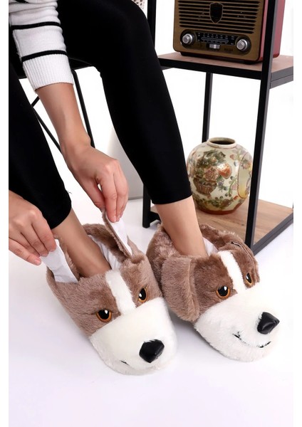 Köpek Figürlü Peluş Yumuşacık Kaymaz ve Ses Yapmaz Tabanlı Siyah Kışlık Ev Pandufu fırsatları