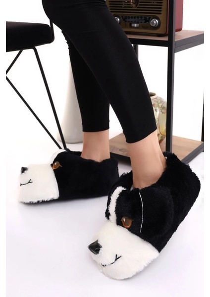 Köpek Figürlü Peluş Yumuşacık Kaymaz ve Ses Yapmaz Tabanlı Siyah-Beyaz Kışlık Ev Pandufu fırsatları