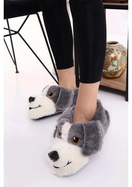 Köpek Figürlü Peluş Yumuşacık Kaymaz ve Ses Yapmaz Tabanlı Gri-Beyaz Kışlık Ev Pandufu fiyatları