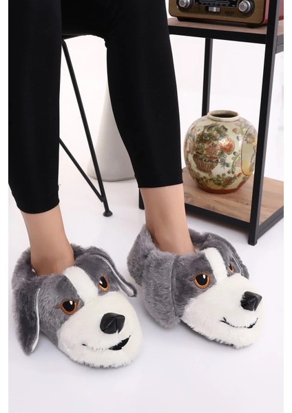 Köpek Figürlü Peluş Yumuşacık Kaymaz ve Ses Yapmaz Tabanlı Gri-Beyaz Kışlık Ev Pandufu fırsatları