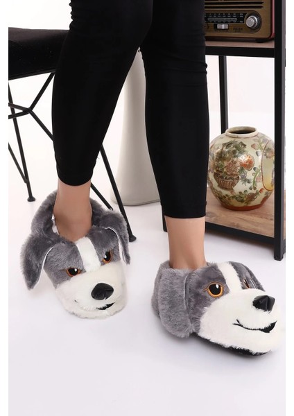 Köpek Figürlü Peluş Yumuşacık Kaymaz ve Ses Yapmaz Tabanlı Gri-Beyaz Kışlık Ev Pandufu indirimleri