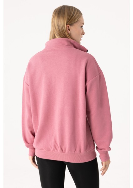 Kadın Gül Kurusu Dik Yaka Fermuarlı Oversize Sweatshirt