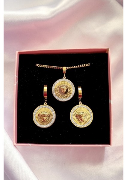 Gold Versace Medusa Model Set Çelik Zirkon Taşlı Madalyon Kolye Küpe Set