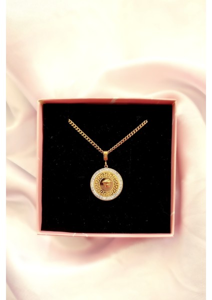 Gold Versace Medusa Model Set Çelik Zirkon Taşlı Madalyon Kolye Küpe Set