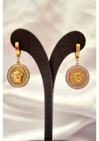 Gold Versace Medusa Model Set Çelik Zirkon Taşlı Madalyon Kolye Küpe Set