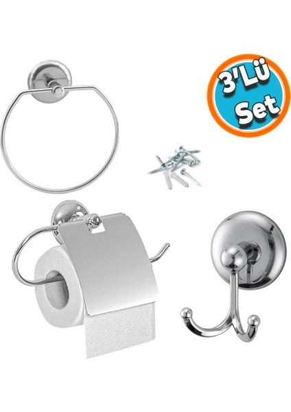 Metal Sağlam Aparat Vidalı Lavabo Banyo Wc Bez Havlu Çatal Askı Tuvalet Kağıtlık Krom 3'lü Set