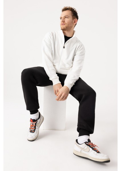 Erkek Krem Dik Yaka Fermuarlı Oversize Sweatshirt modelleri