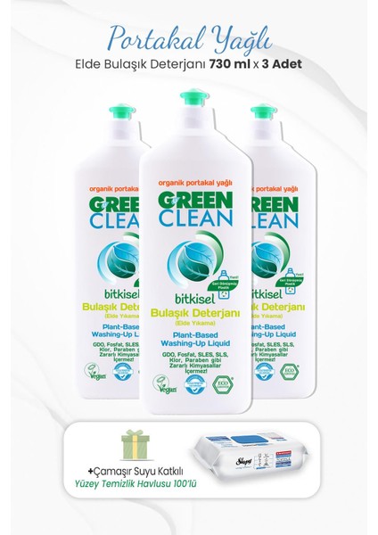 Green Clean 730 ml Bitkisel Elde Bulaşık Deterjanı x 3 Adet ve Çamaşır Sulu Temizlik Havlusu