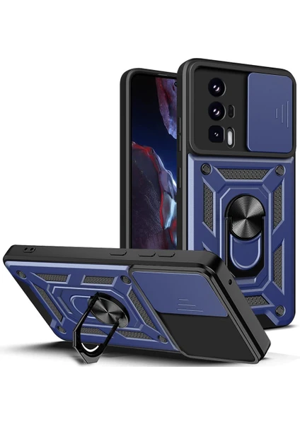 Case 4u Xiaomi Poco F5 Pro Kılıf Kamera Korumalı Sürgülü Vega Yüzüklü Armor Military Tank Zırh Lacivert